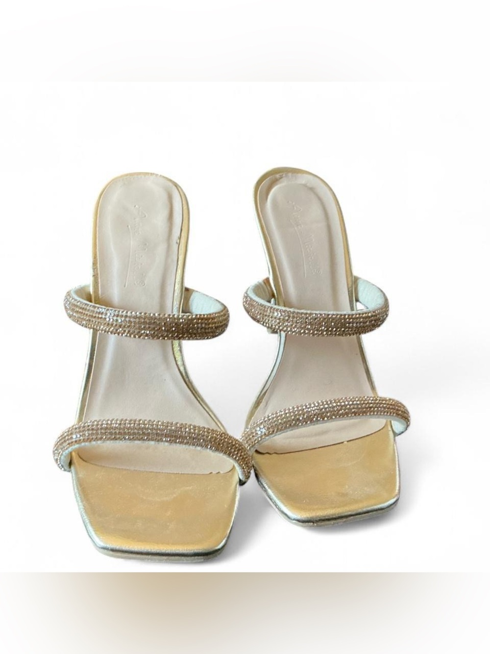 Anne Michelle Gold Rhinestone Double-Strap Mules